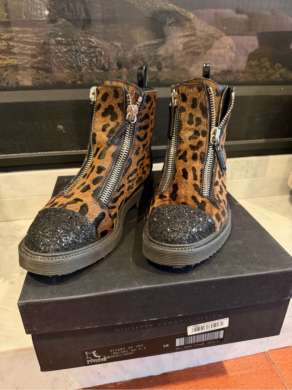 Giuseppe Zanotti Leopard Print Zip-Up Ankle Boots in Brown